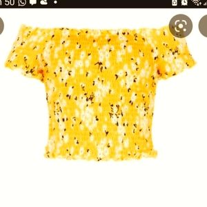 Yellow ruched floral print bardot top